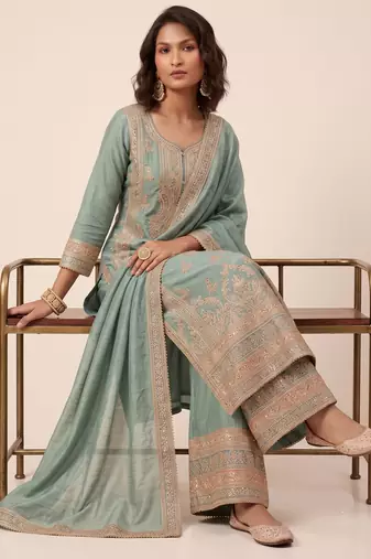Blue heavy vichitra silk sequence cording embroidered salwar suit