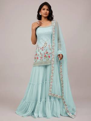 Sky blue heavy faux georgette embroidered butterfly net salwar suit 1
