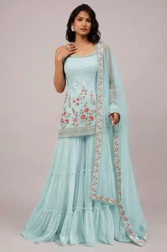 Sky blue heavy faux georgette embroidered butterfly net salwar suit