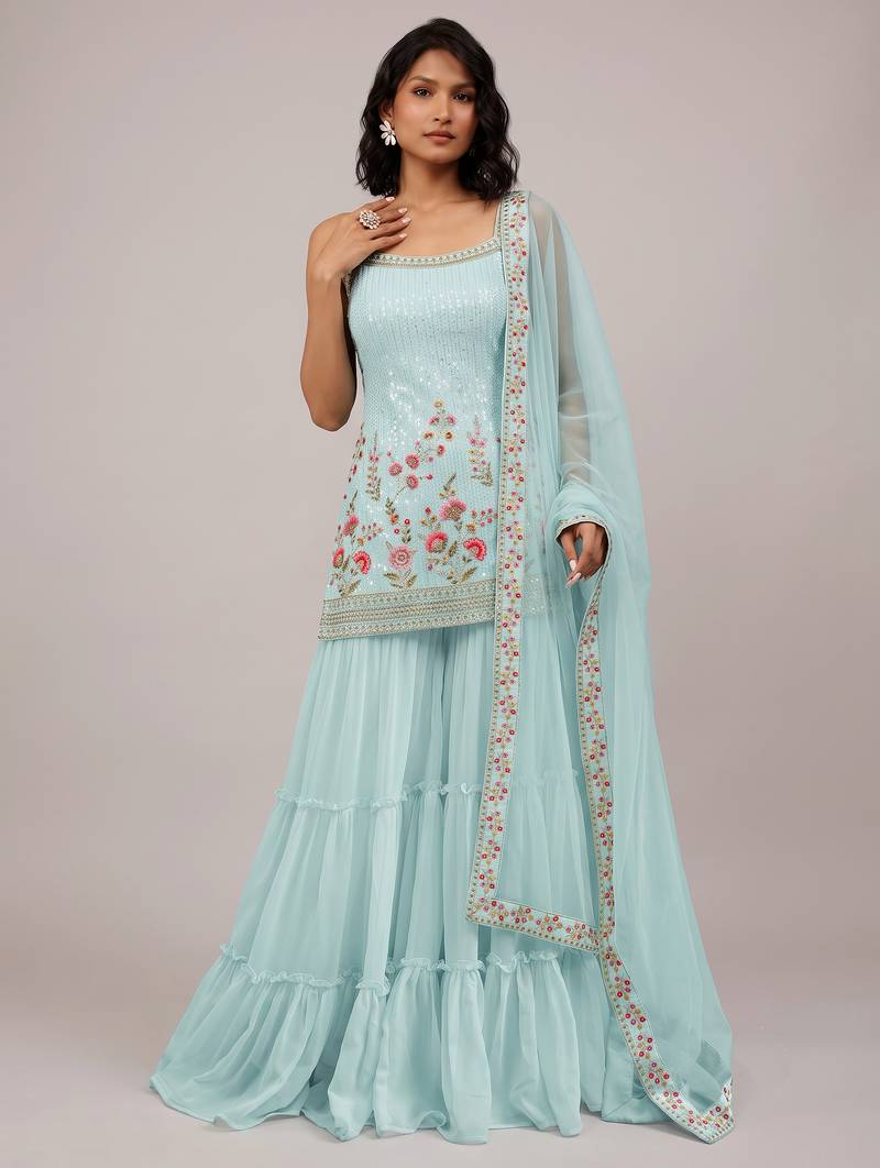 Sky blue heavy faux georgette embroidered butterfly net salwar suit