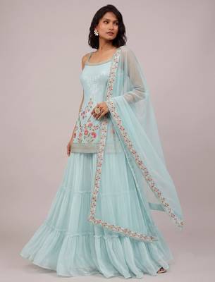 Sky blue heavy faux georgette embroidered butterfly net salwar suit 2