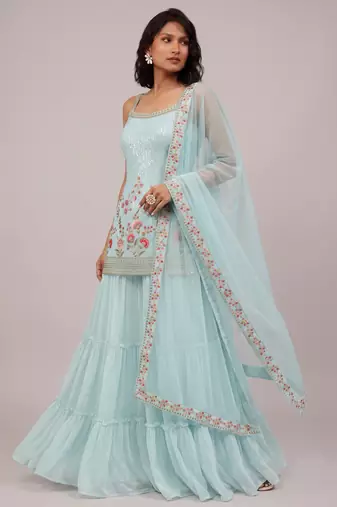 Sky blue heavy faux georgette embroidered butterfly net salwar suit