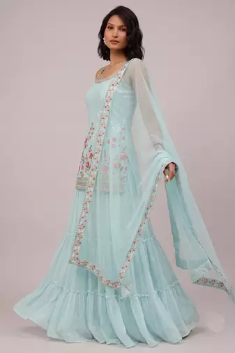 Sky blue heavy faux georgette embroidered butterfly net salwar suit