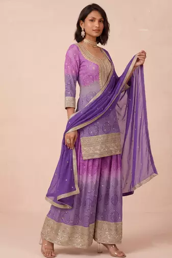 Purple heavy chinon digital print sequence embroidered salwar suit