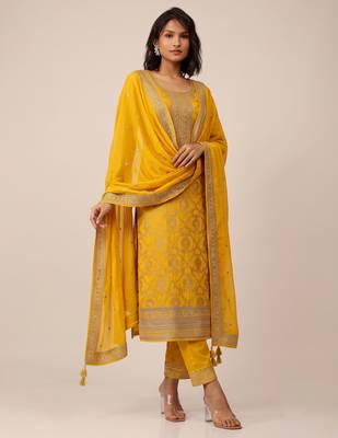 Yellow pure viscose jacquard jari sequence embroidered salwar suit 1
