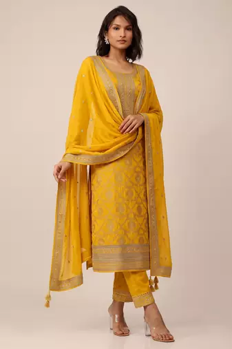 Yellow pure viscose jacquard jari sequence embroidered salwar suit