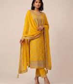 Yellow pure viscose jacquard jari sequence embroidered salwar suit