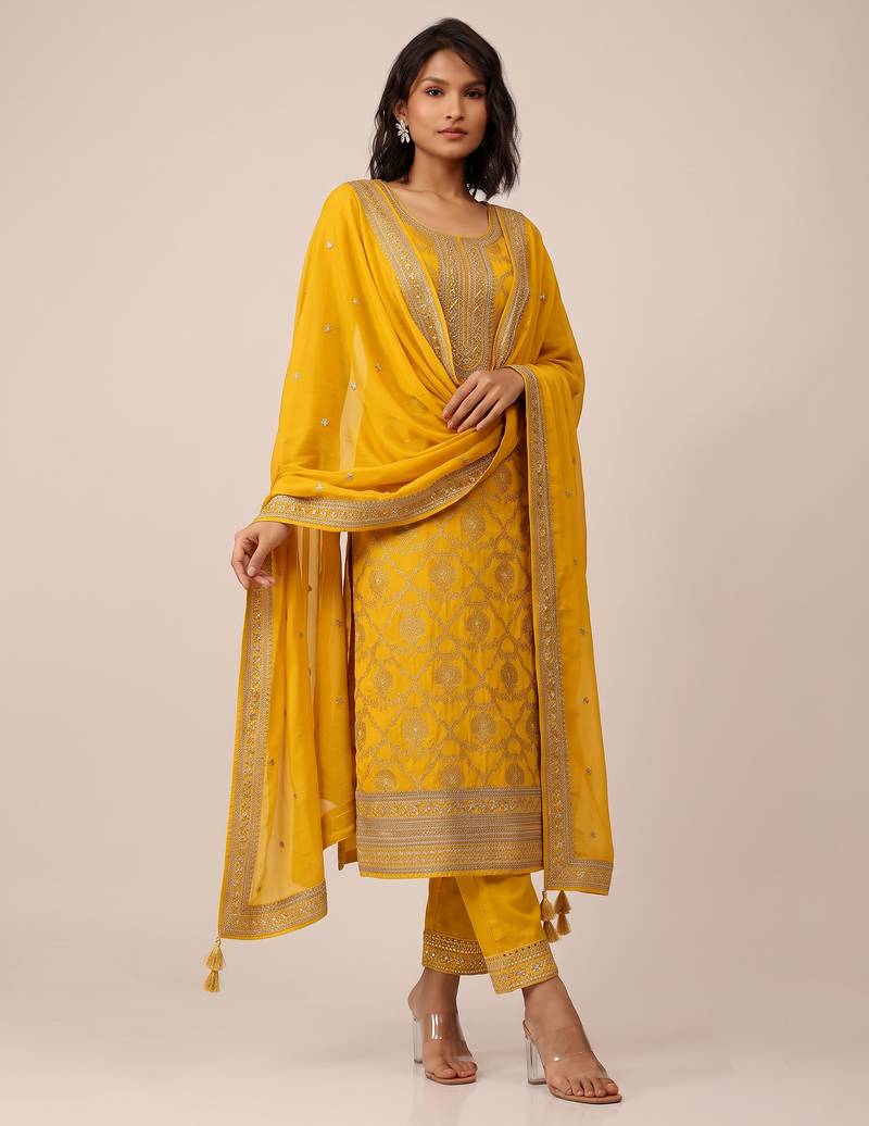Yellow pure viscose jacquard jari sequence embroidered salwar suit