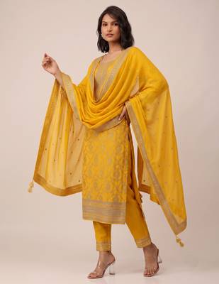 Yellow pure viscose jacquard jari sequence embroidered salwar suit 2