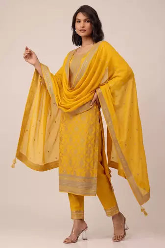 Yellow pure viscose jacquard jari sequence embroidered salwar suit