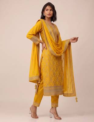 Yellow pure viscose jacquard jari sequence embroidered salwar suit 3