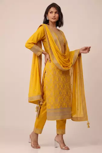 Yellow pure viscose jacquard jari sequence embroidered salwar suit