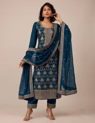 Teal pure viscose jacquard multi thread jari embroidered salwar suit 1
