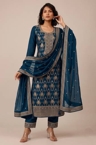 Teal pure viscose jacquard multi thread jari embroidered salwar suit