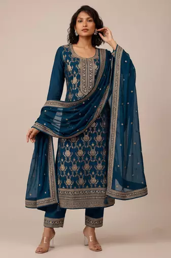 Teal pure viscose jacquard multi thread jari embroidered salwar suit