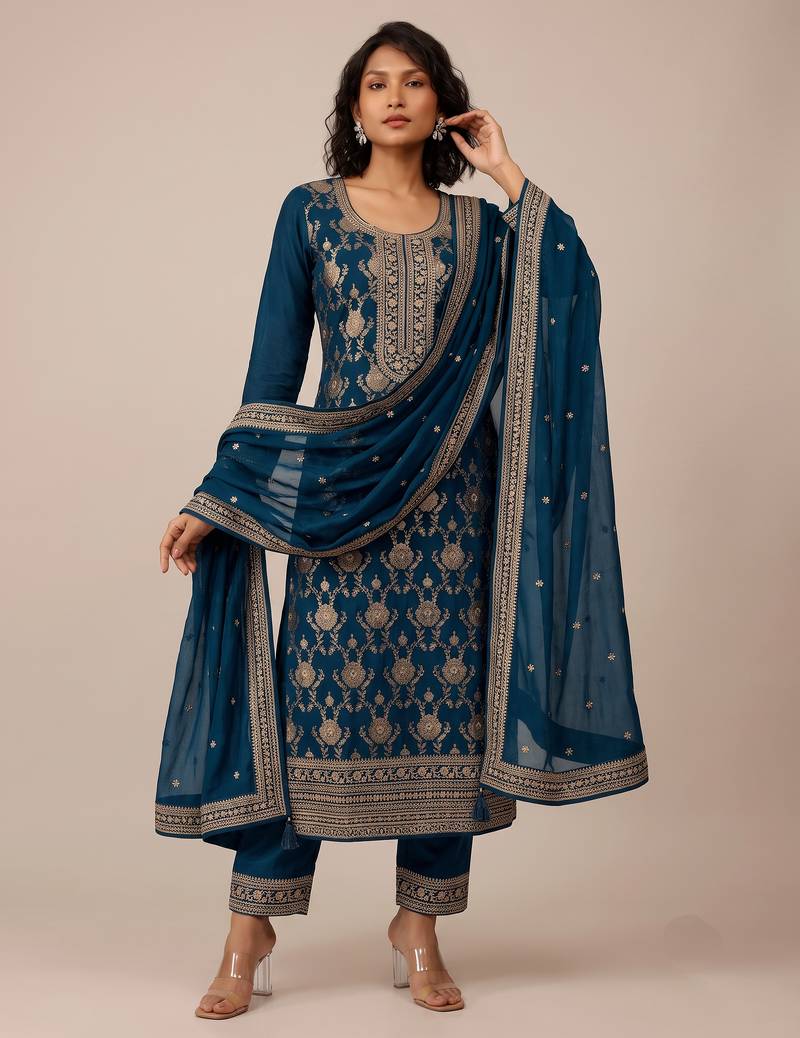 Teal pure viscose jacquard multi thread jari embroidered salwar suit