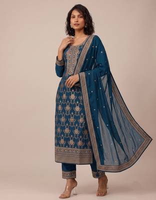 Teal pure viscose jacquard multi thread jari embroidered salwar suit 2