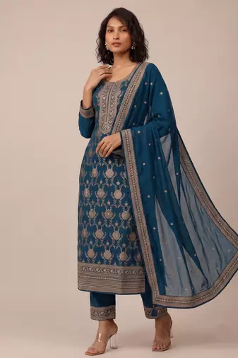 Teal pure viscose jacquard multi thread jari embroidered salwar suit