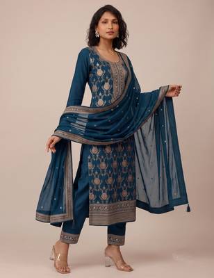 Teal pure viscose jacquard multi thread jari embroidered salwar suit 3
