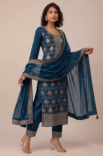 Teal pure viscose jacquard multi thread jari embroidered salwar suit