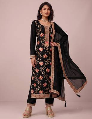 Black pure viscose jacquard sequence embroidered chinon silk salwar suit 1
