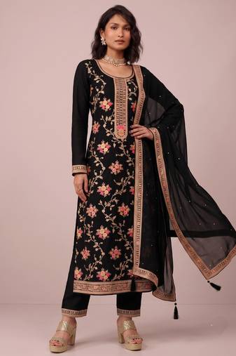 Black pure viscose jacquard sequence embroidered chinon silk salwar suit