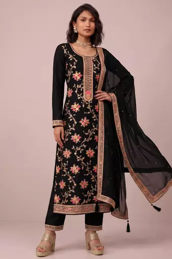 Black pure viscose jacquard sequence embroidered chinon silk salwar suit