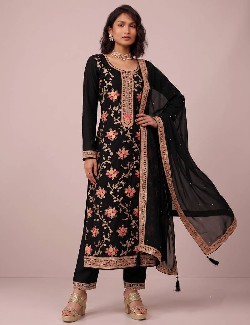 Black pure viscose jacquard sequence embroidered chinon silk salwar suit