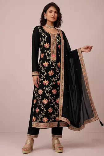 Black pure viscose jacquard sequence embroidered chinon silk salwar suit