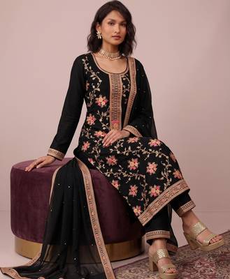 Black pure viscose jacquard sequence embroidered chinon silk salwar suit 3