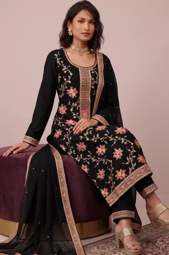 Black pure viscose jacquard sequence embroidered chinon silk salwar suit