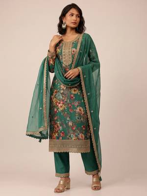 Green heavy chinon sequence embroidered festive wear salwar suit 1