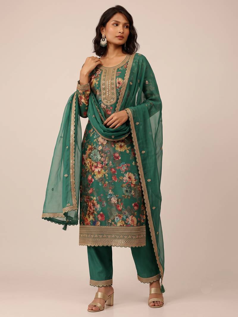 Green heavy chinon sequence embroidered festive wear salwar suit