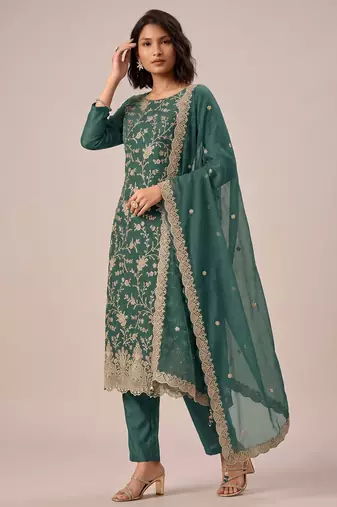 Light teal green heavy chinon jarkan sequence embroidered salwar suit
