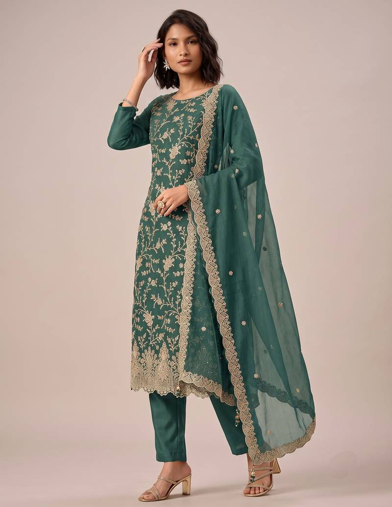 Light teal green heavy chinon jarkan sequence embroidered salwar suit