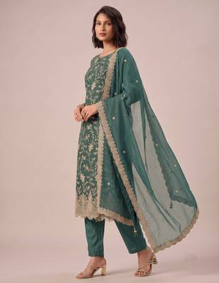 Light teal green heavy chinon jarkan sequence embroidered salwar suit 2