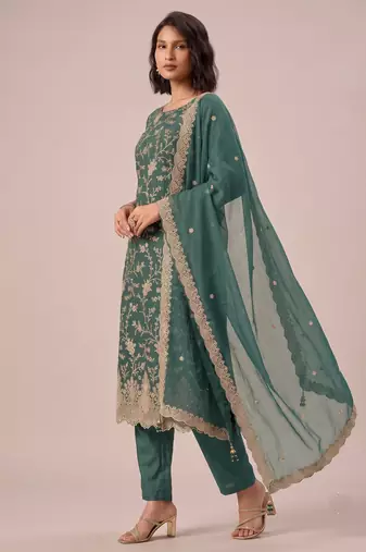 Light teal green heavy chinon jarkan sequence embroidered salwar suit