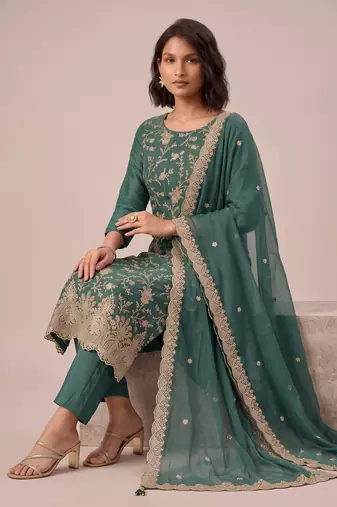 Light teal green heavy chinon jarkan sequence embroidered salwar suit