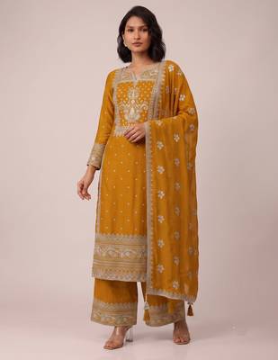 Mustard heavy faux georgette sequence embroidered party wear salwar suit 1