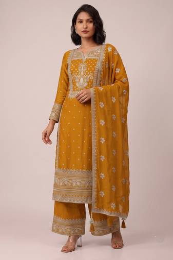 Mustard heavy faux georgette sequence embroidered party wear salwar suit