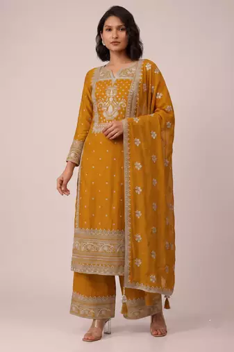 Mustard heavy faux georgette sequence embroidered party wear salwar suit