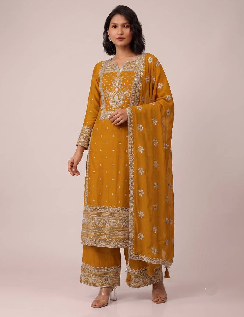 Mustard heavy faux georgette sequence embroidered party wear salwar suit