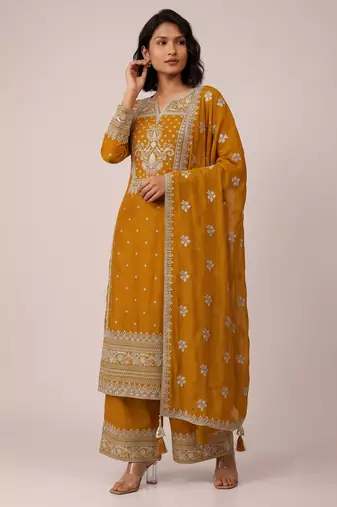 Mustard heavy faux georgette sequence embroidered party wear salwar suit