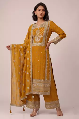 Mustard heavy faux georgette sequence embroidered party wear salwar suit