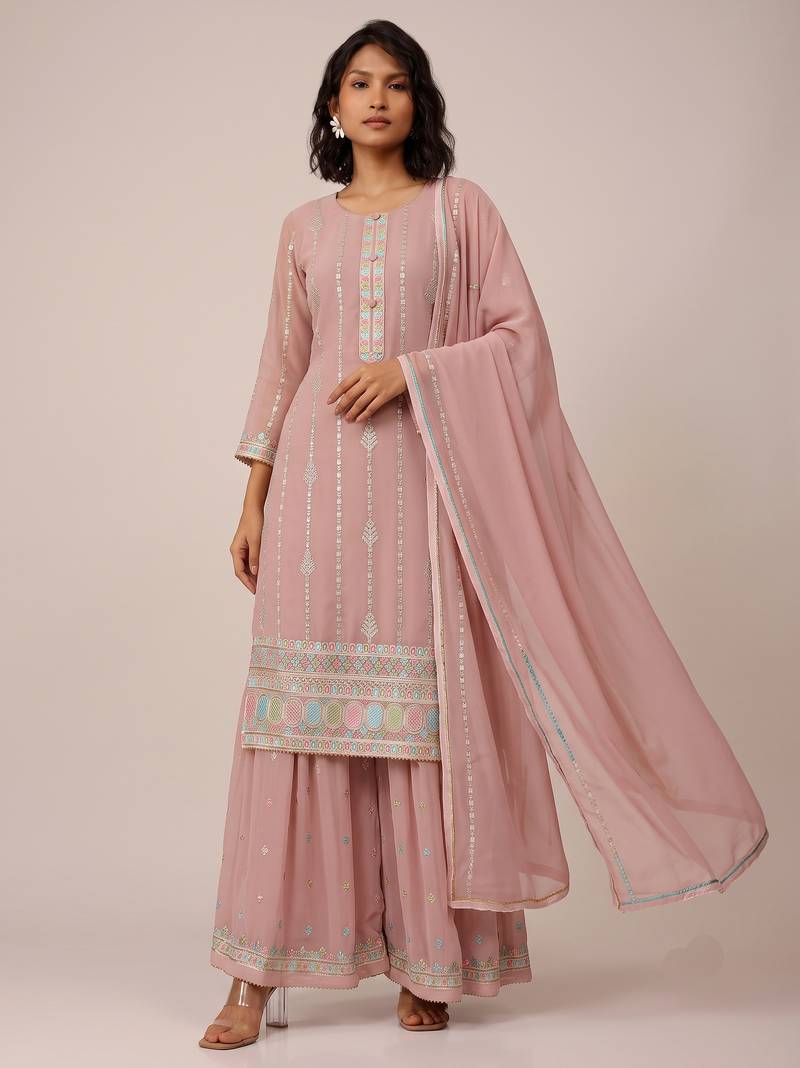 Light pink heavy georgette sequin embroidered elegant salwar suit