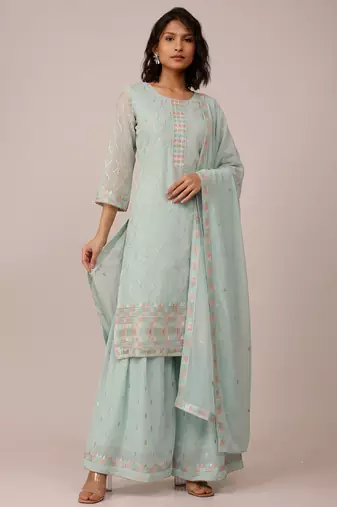 Sky blue heavy georgette sequin embroidered festive wear salwar suit