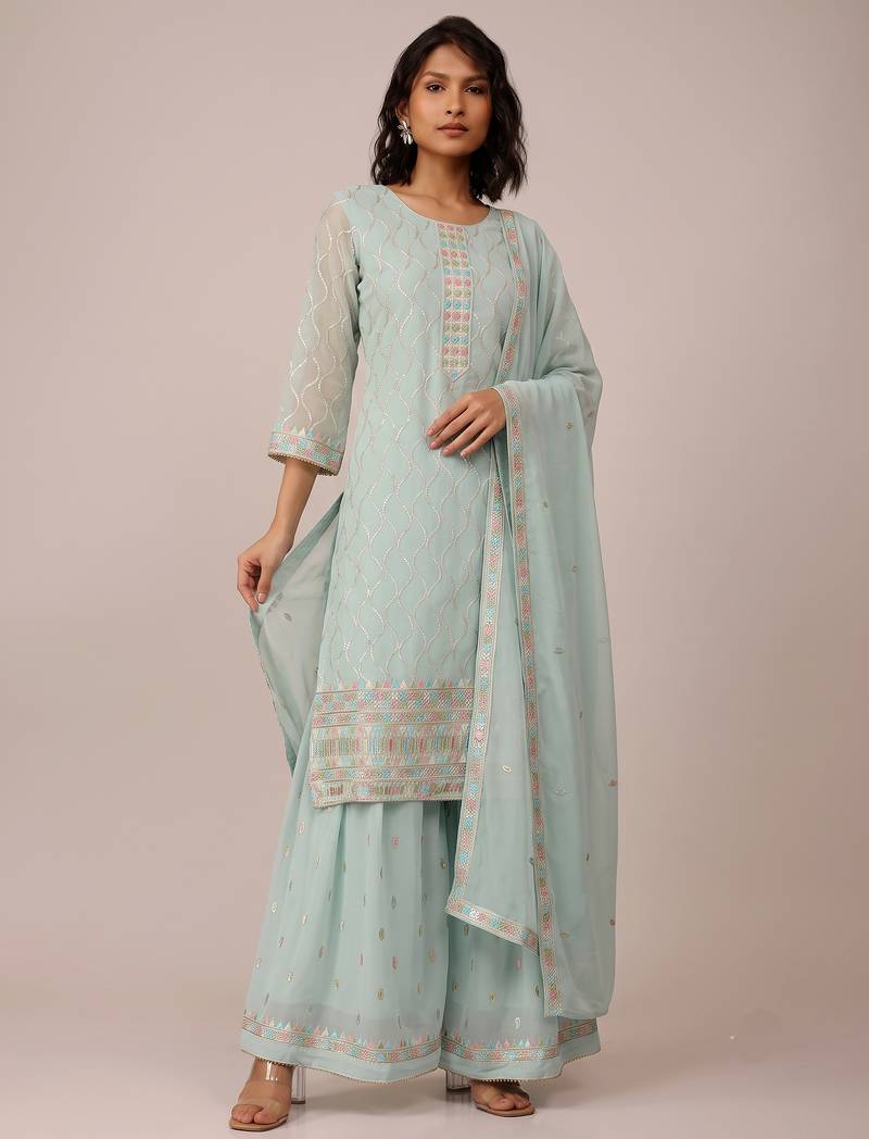 Sky blue heavy georgette sequin embroidered festive wear salwar suit
