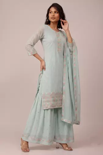Sky blue heavy georgette sequin embroidered festive wear salwar suit