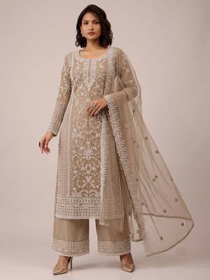 Beige heavy butterfly net cording embroidered designer salwar suit 1