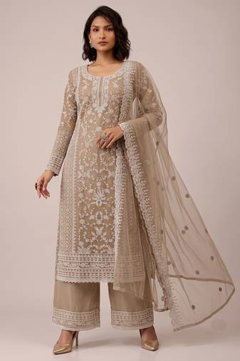 Beige heavy butterfly net cording embroidered designer salwar suit